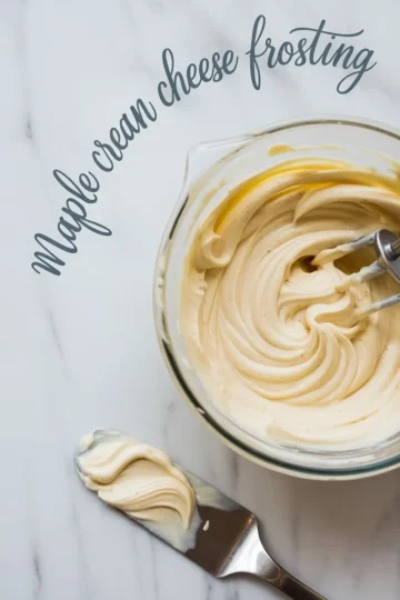 Whipped maple cream cheese frosting in a glass mixing bowl with electric beaters, next to a frosting spreader coated with a swirl of creamy frosting on a marble surface.