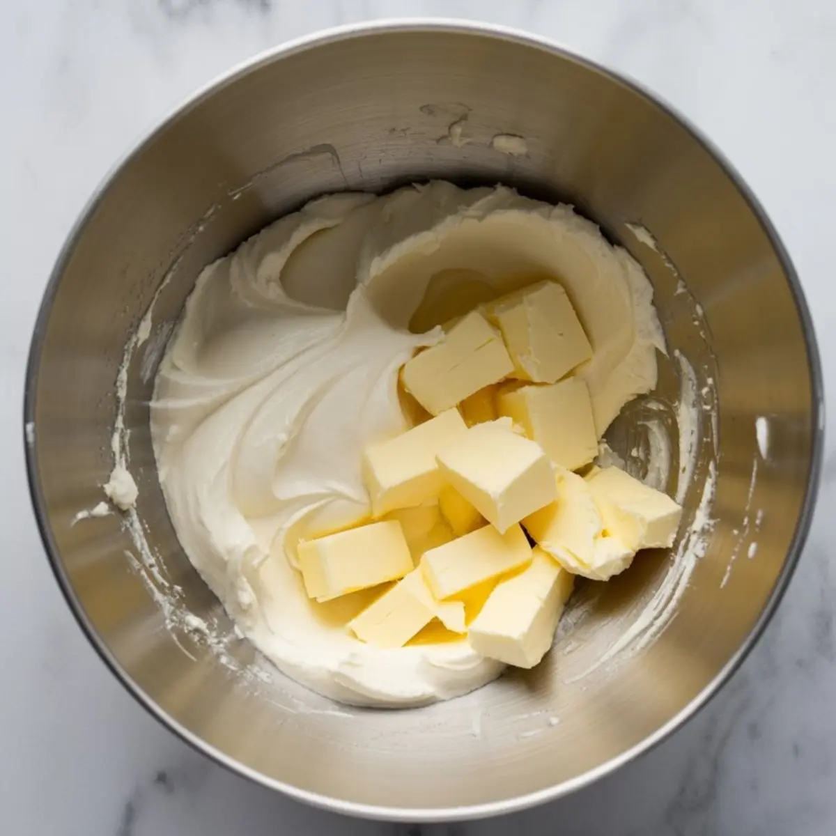 A stainless steel mixing bowl filled with whipped cream cheese and chunks of softened butter on a marble countertop.