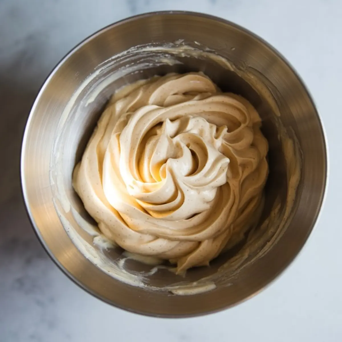 Fully whipped maple cream cheese frosting with a light caramel hue and swirled texture inside a stainless steel mixing bowl.