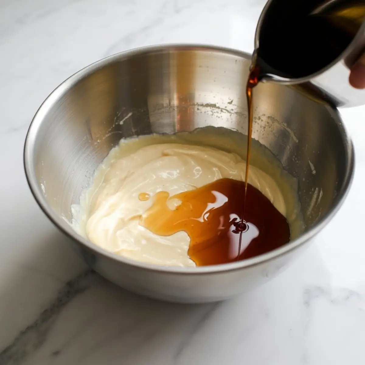 Amber maple syrup being poured into a metal bowl filled with softened cream cheese, forming a glossy pool on top.