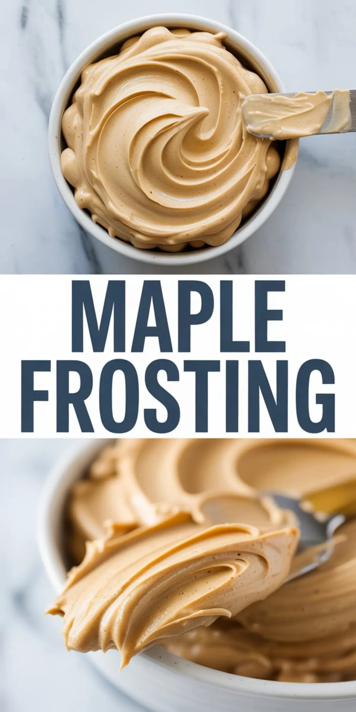 Fluffy maple frosting piped into a smooth swirl in a white bowl, paired with a close-up of a spatula lifting a thick swirl of frosting.
