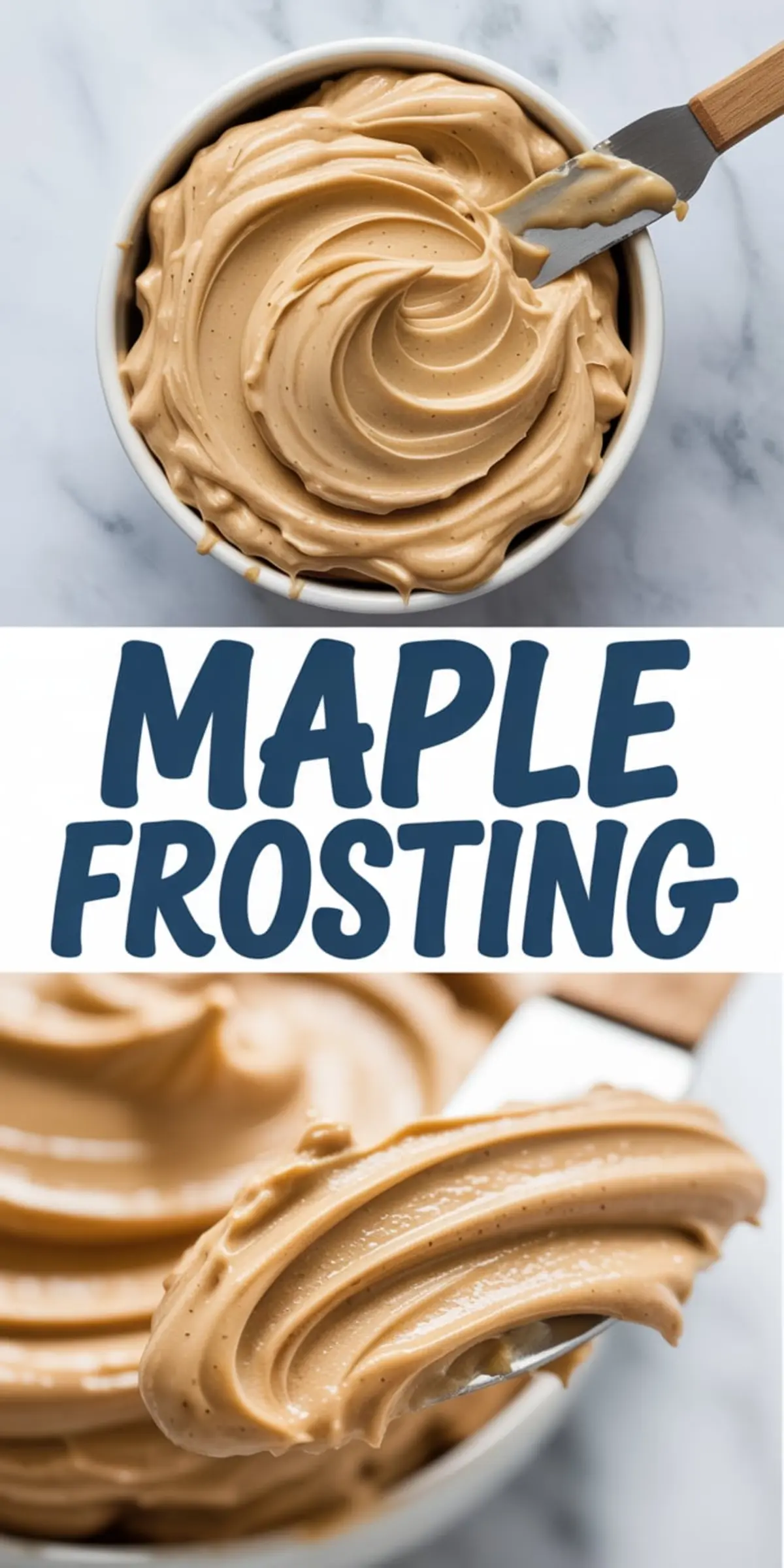 Glossy maple frosting swirled in a bowl, with a spatula resting on top and a detailed view of the frosting’s creamy texture being lifted from the bowl.

