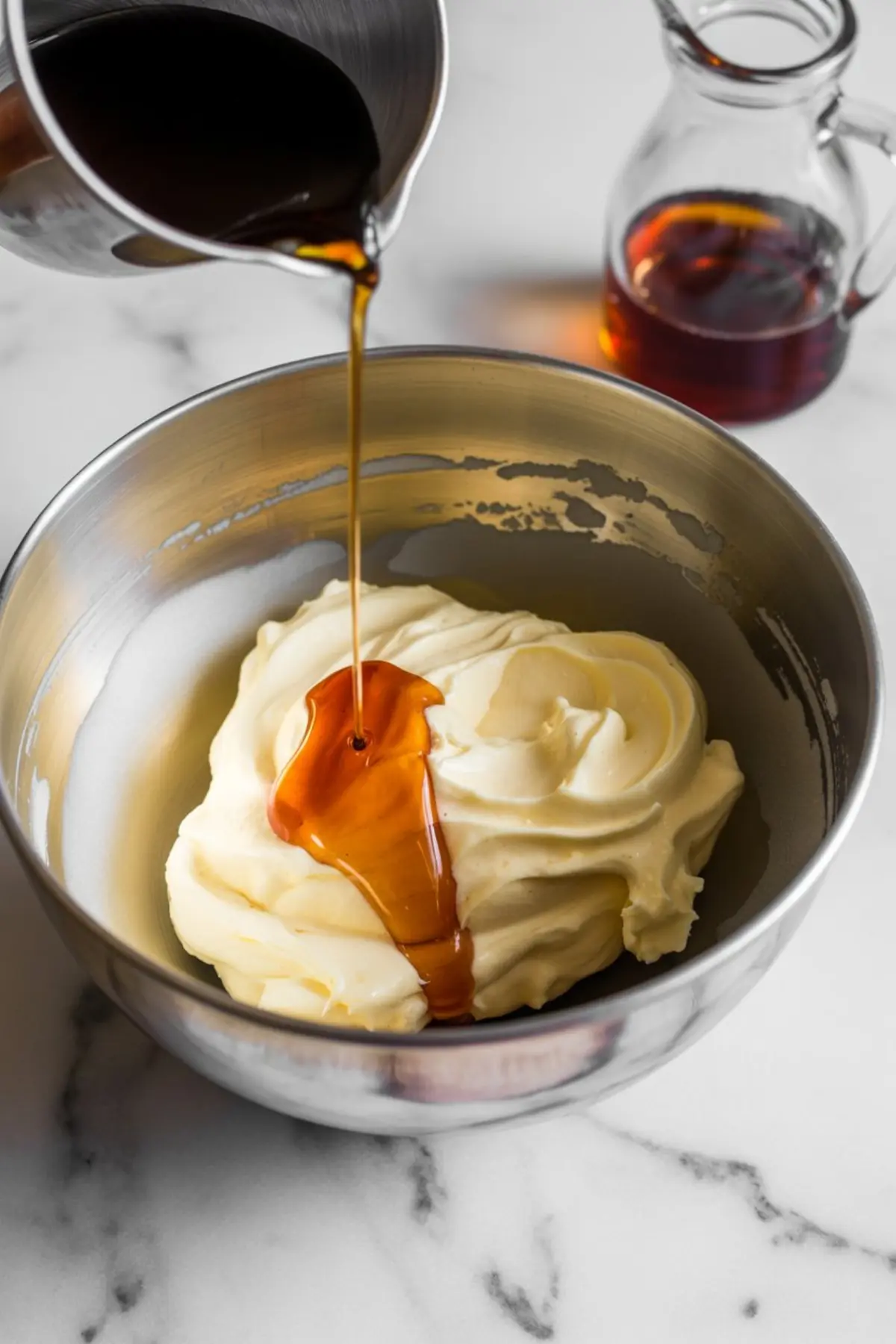 Dark maple syrup being poured from a metal cup into a mixing bowl filled with whipped buttercream on a marble surface, with a glass jar of syrup in the background.
