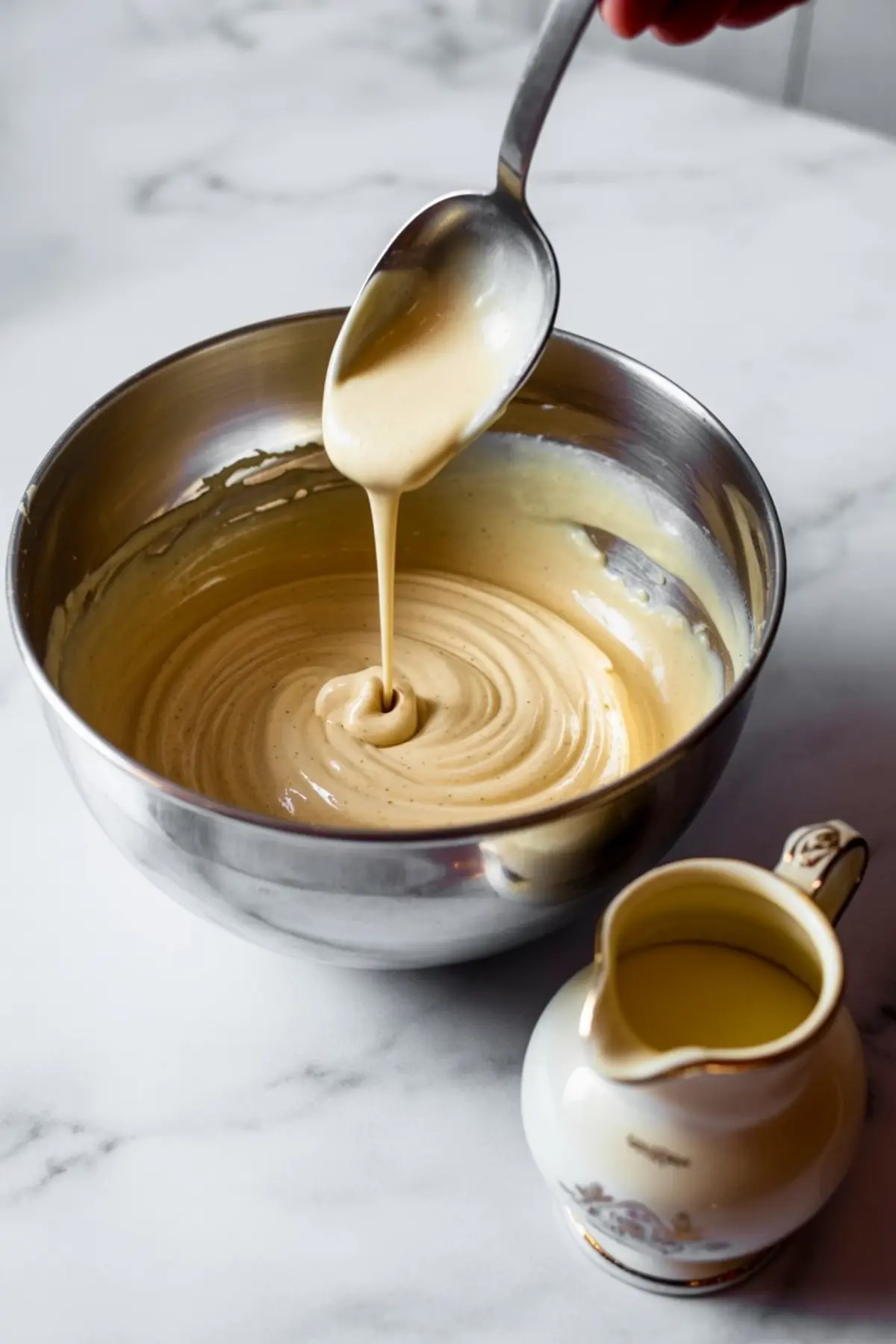Light maple frosting being drizzled from a spoon into a mixing bowl, showcasing a smooth and creamy texture, with a small ceramic pitcher nearby.
