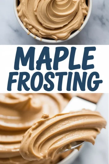 Rich maple frosting swirled in a white bowl, paired with a close-up of a spatula coated in thick, glossy maple frosting on a marble surface.
