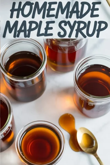 Collage with multiple glass jars filled with golden brown maple syrup and a gold spoon with spilled syrup, overlaid with bold text reading “Homemade Maple Syrup.”