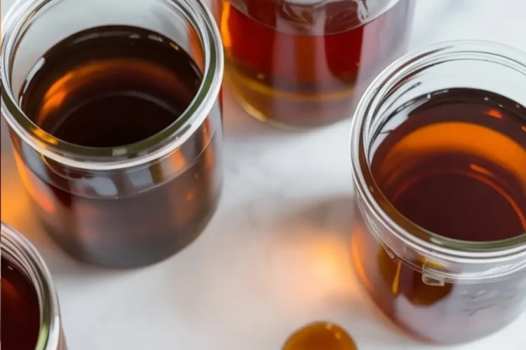 Collage with multiple glass jars filled with golden brown maple syrup and a gold spoon with spilled syrup, overlaid with bold text reading “Homemade Maple Syrup.”