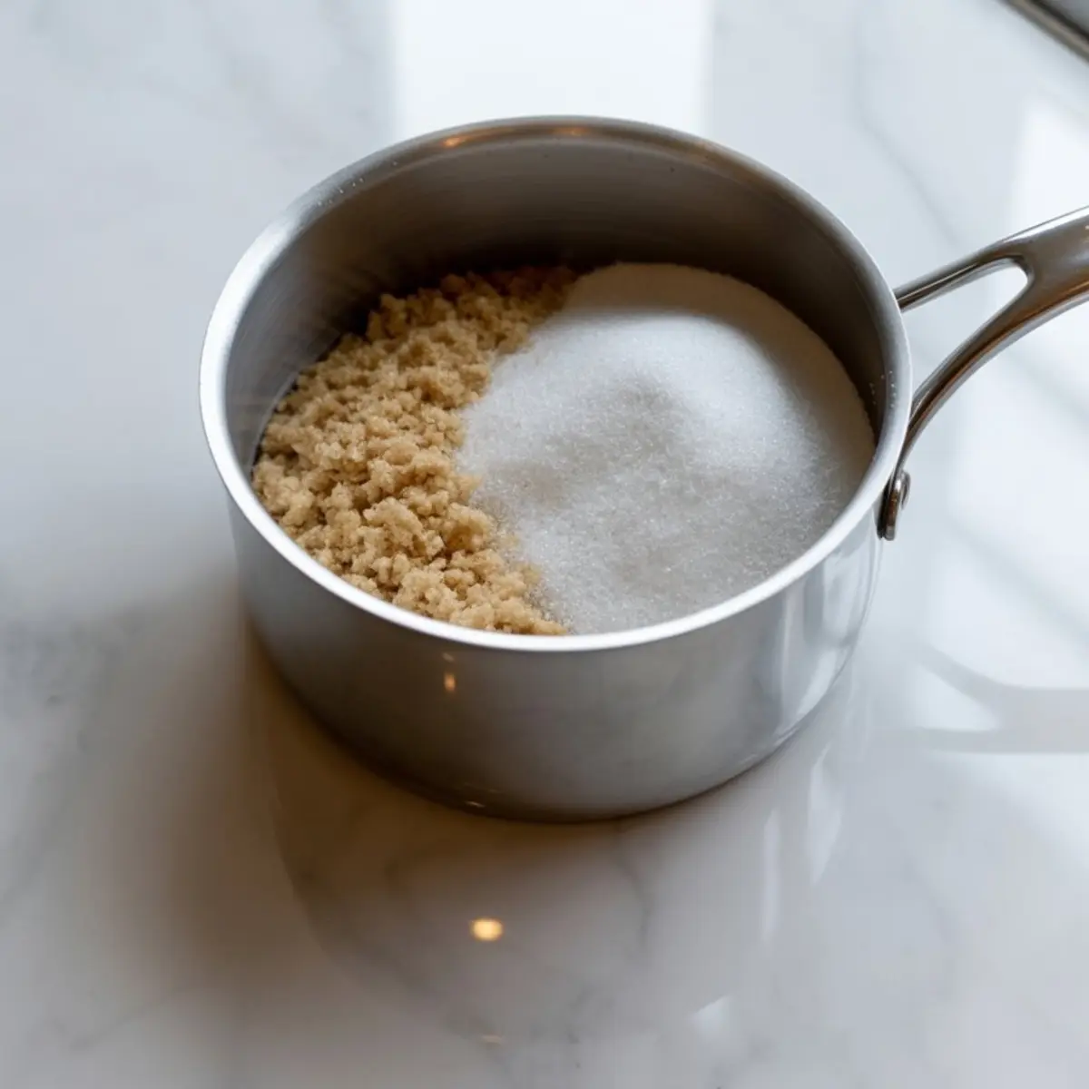 Stainless steel saucepan with a half-and-half mix of brown sugar and white granulated sugar, placed on a marble countertop.