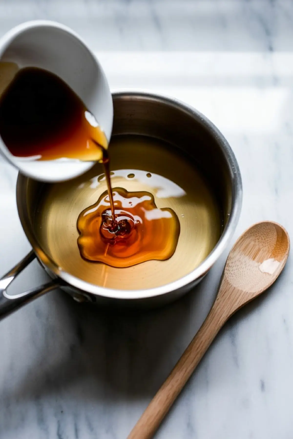 Maple syrup being poured into a saucepan of light corn syrup, next to a wooden spoon on a marble surface, showcasing the start of the syrup cooking process.