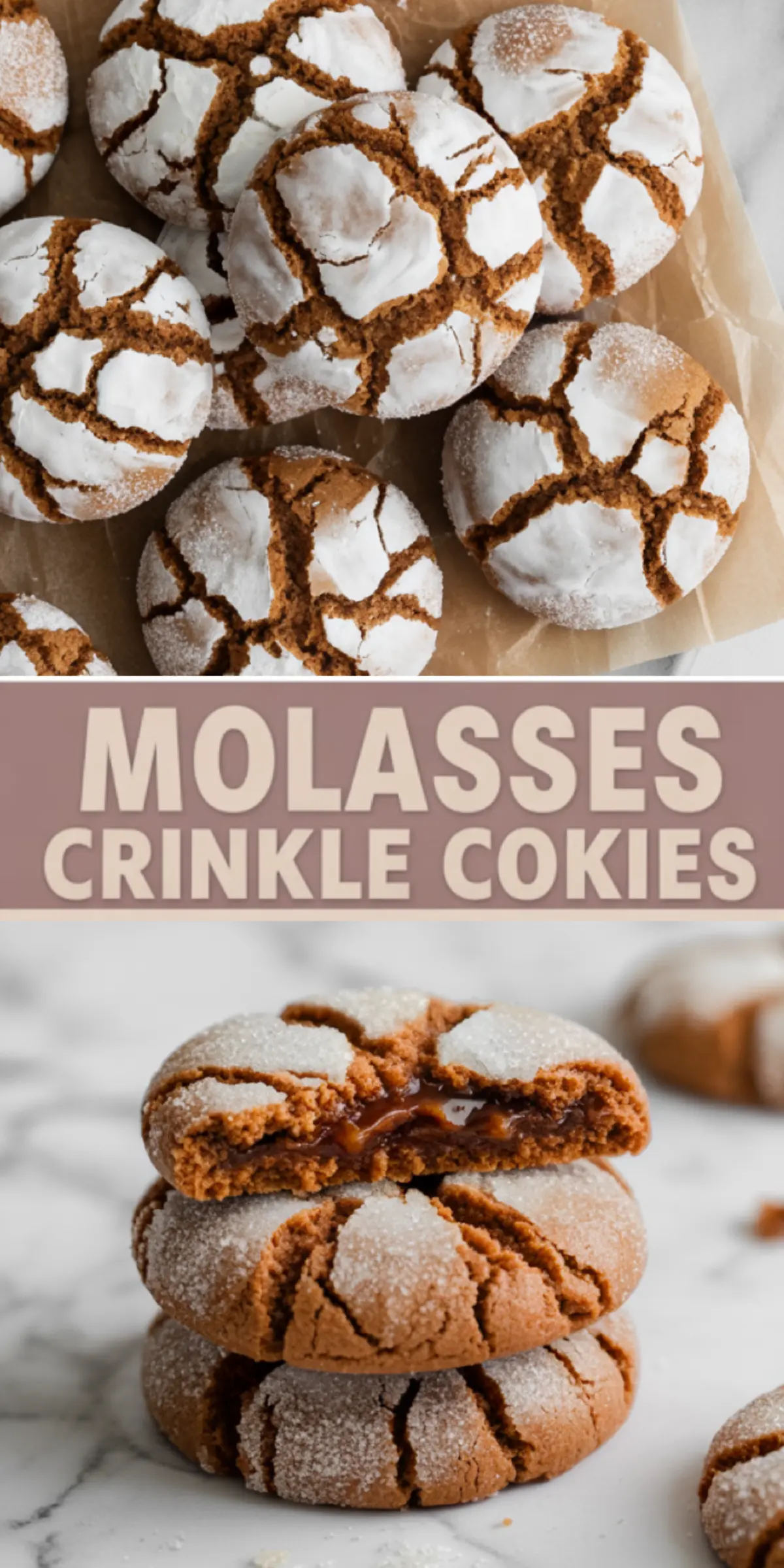 Top view of baked molasses crinkle cookies coated in powdered sugar on parchment paper, paired with a close-up of a stacked cookie with a gooey molasses center on a marble background.
