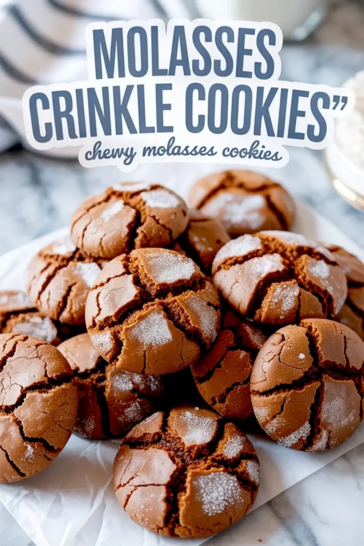 Golden brown molasses crinkle cookies stacked on parchment paper, featuring a cracked surface and a dusting of sugar for a chewy, spiced finish.