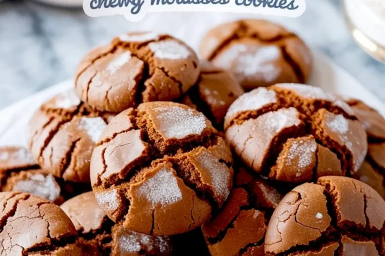 Golden brown molasses crinkle cookies stacked on parchment paper, featuring a cracked surface and a dusting of sugar for a chewy, spiced finish.