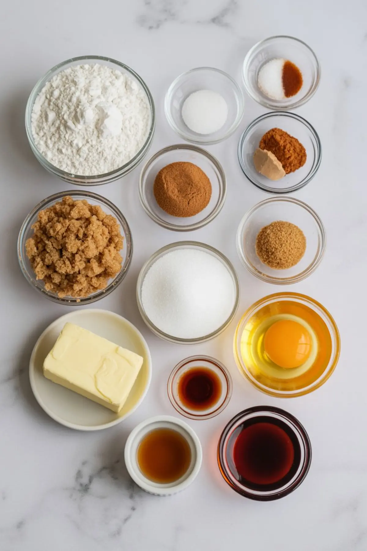 Flat lay of molasses cookie ingredients in glass bowls, including flour, sugars, butter, molasses, egg, vanilla, baking soda, cinnamon, ginger, and cloves on a marble countertop.