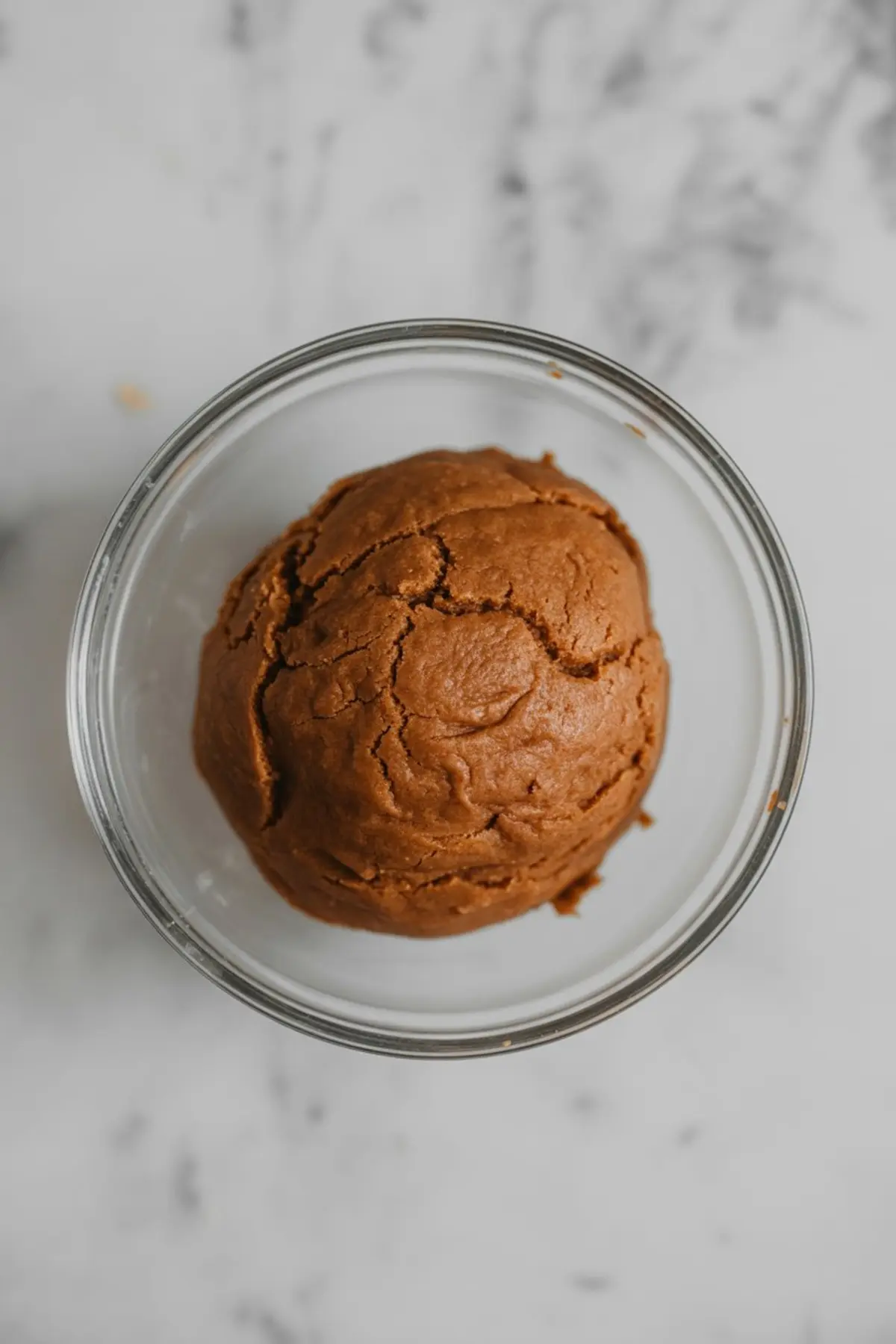 Ball of molasses cookie dough resting in a clear glass bowl, placed on a white marble background before chilling.

