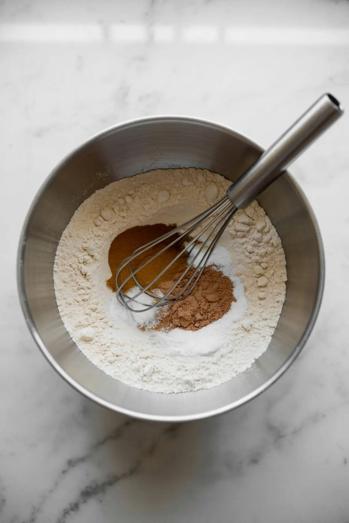 Metal mixing bowl with flour, cinnamon, ginger, and baking soda being combined with a wire whisk on a white marble surface.

