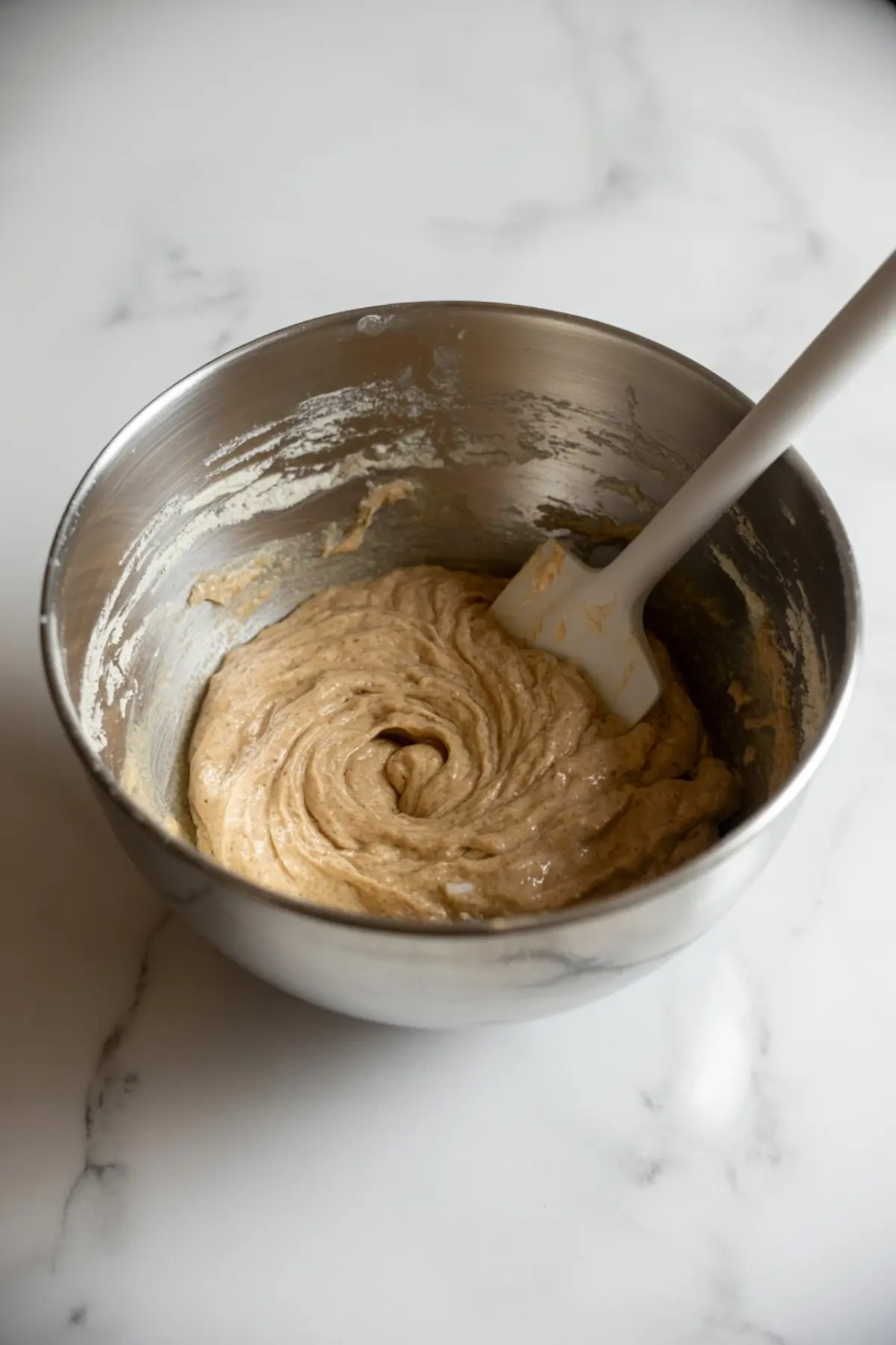 Partially mixed molasses cookie batter in a stainless steel bowl with a white spatula, showing a thick and smooth texture.
