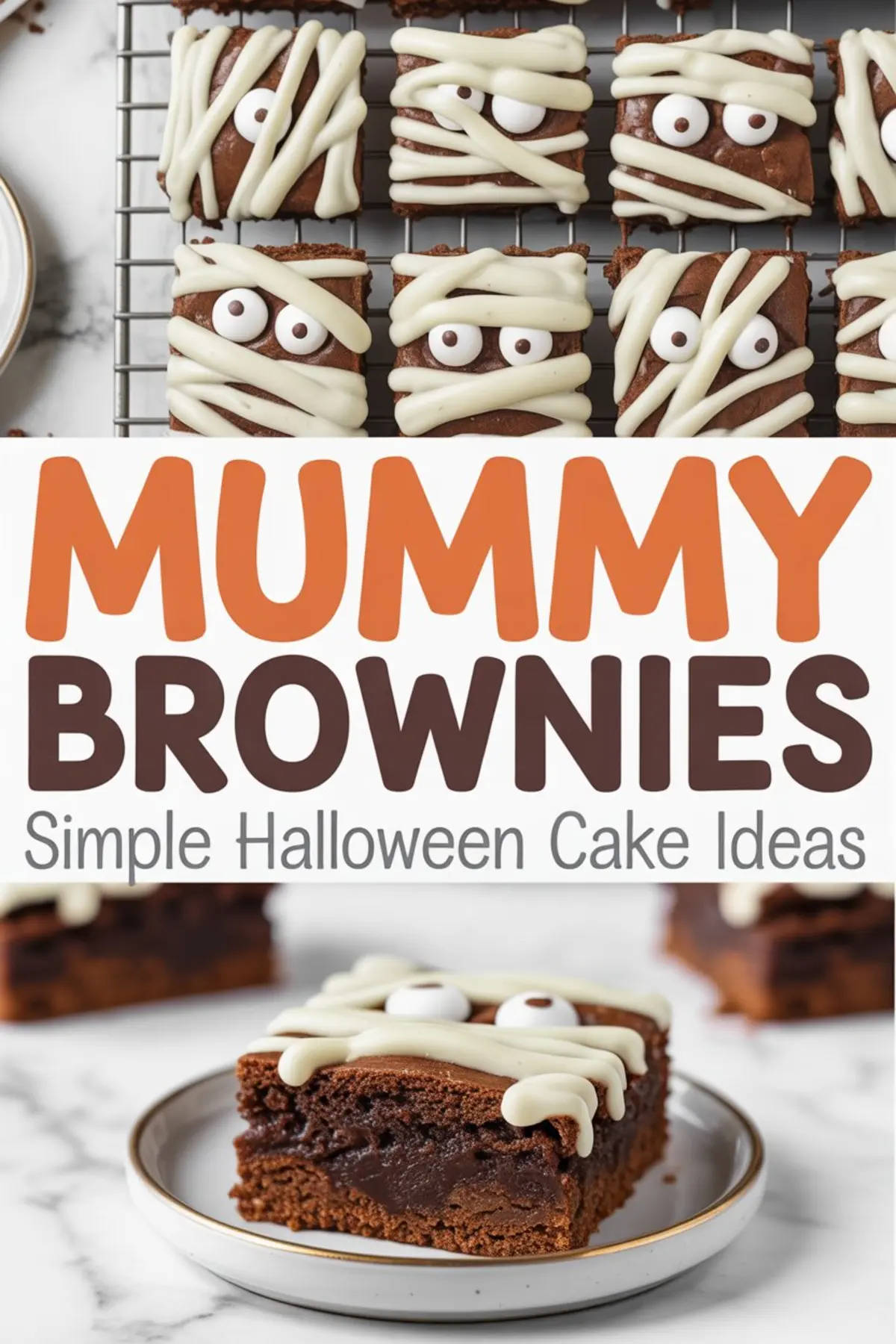 Top-down view of Halloween mummy brownies with candy eyes and white chocolate drizzle, arranged on a cooling rack with a close-up of one brownie on a plate, showcasing the gooey chocolate center.