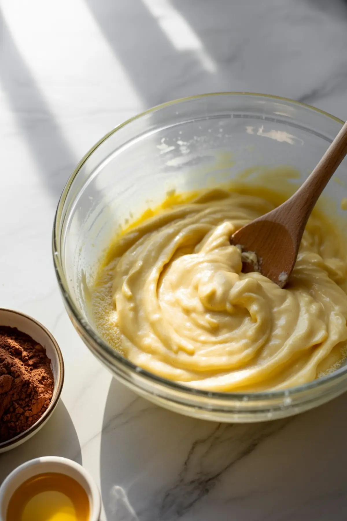 Bowl of wet brownie batter being stirred with a wooden spoon, surrounded by ingredients like cocoa powder and oil, captured in natural light on a marble surface.