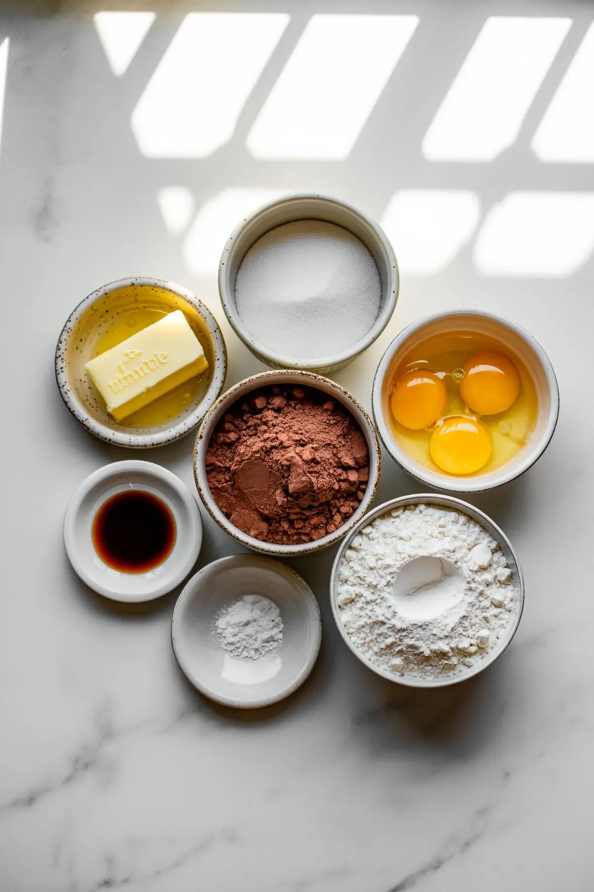 Flat lay of individual brownie ingredients in small bowls, including cocoa powder, flour, sugar, butter, vanilla extract, baking powder, and eggs on a white marble background.