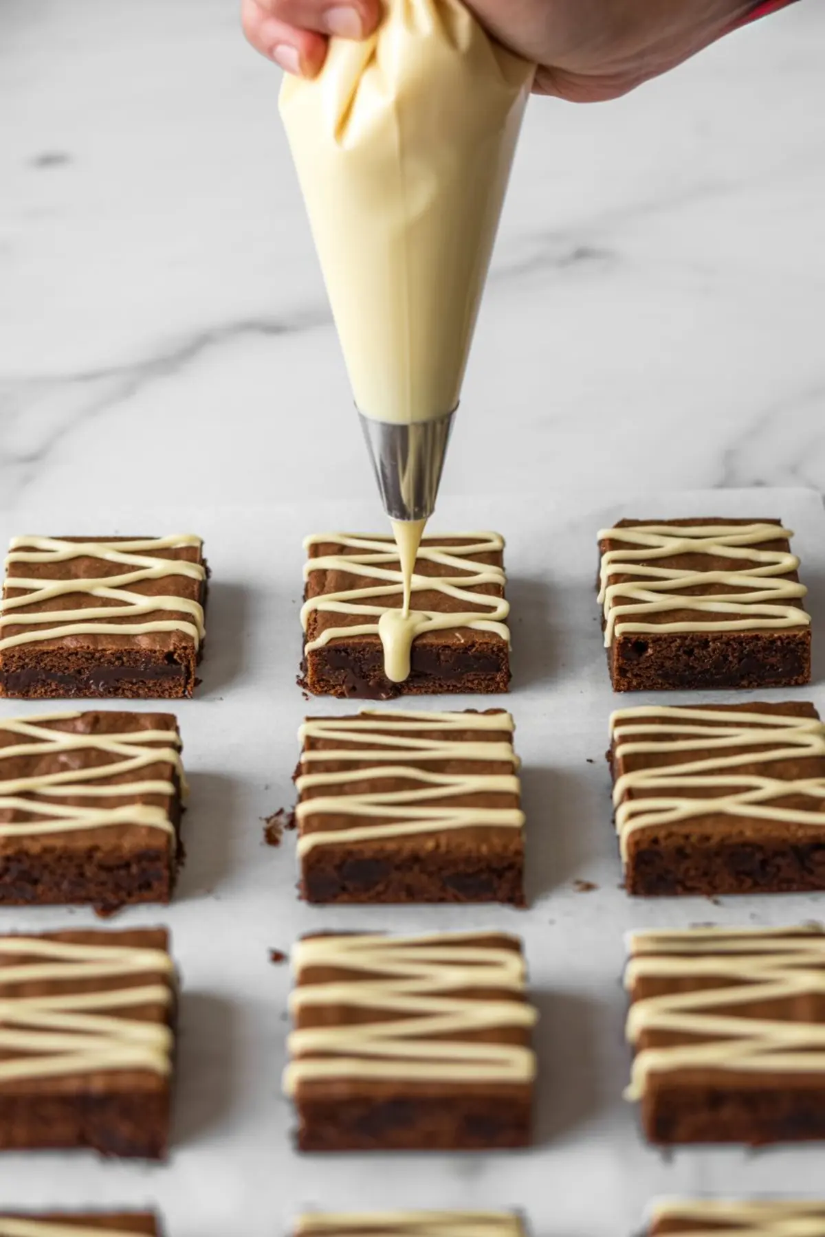 Hand piping white chocolate drizzle onto cut brownie squares laid on parchment paper, decorating them in a zigzag pattern for a Halloween-themed mummy look.