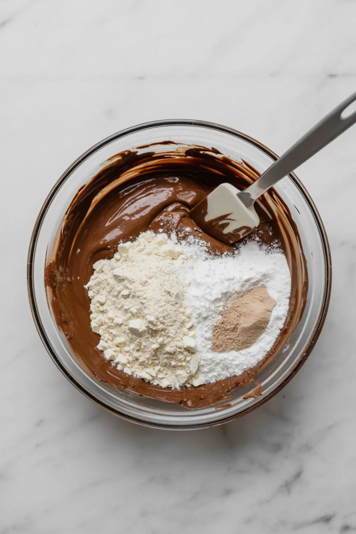 Baking process shot showing flour, baking powder, and dry ingredients being added to a bowl of mixed chocolate batter with a white spatula resting inside.