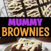 Mummy-themed Halloween brownies decorated with white chocolate drizzle and candy eyes, cooling on a wire rack, with a close-up of a single brownie on a plate showing a fudgy center.