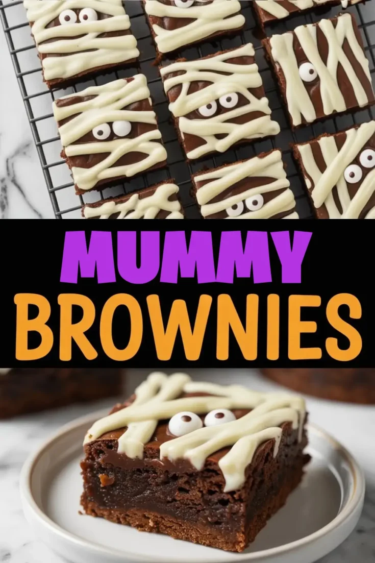 Mummy-themed Halloween brownies decorated with white chocolate drizzle and candy eyes, cooling on a wire rack, with a close-up of a single brownie on a plate showing a fudgy center.