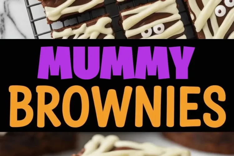 Mummy-themed Halloween brownies decorated with white chocolate drizzle and candy eyes, cooling on a wire rack, with a close-up of a single brownie on a plate showing a fudgy center.