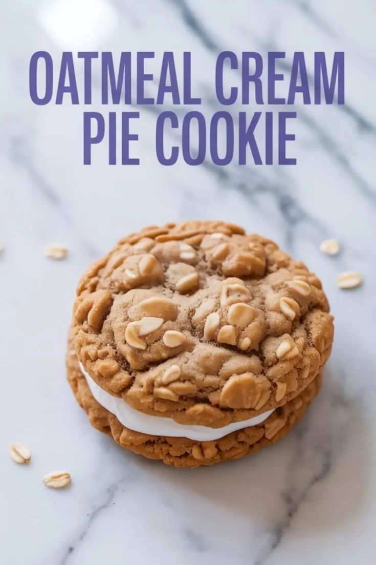 Single oatmeal cream pie cookie with a soft chewy texture and creamy white filling, styled on a marble surface with scattered oats and bold title text above.