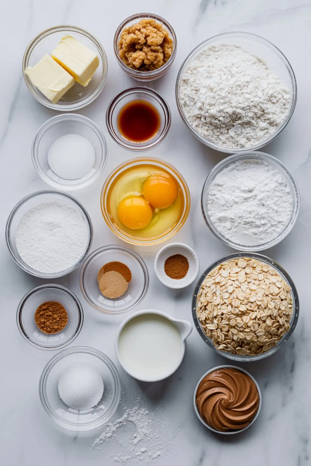Flat lay of oatmeal cream pie cookie ingredients in clear bowls, including butter, sugar, brown sugar, eggs, vanilla, flour, oats, peanut butter, milk, baking powder, cinnamon, and nutmeg on a white marble background.
