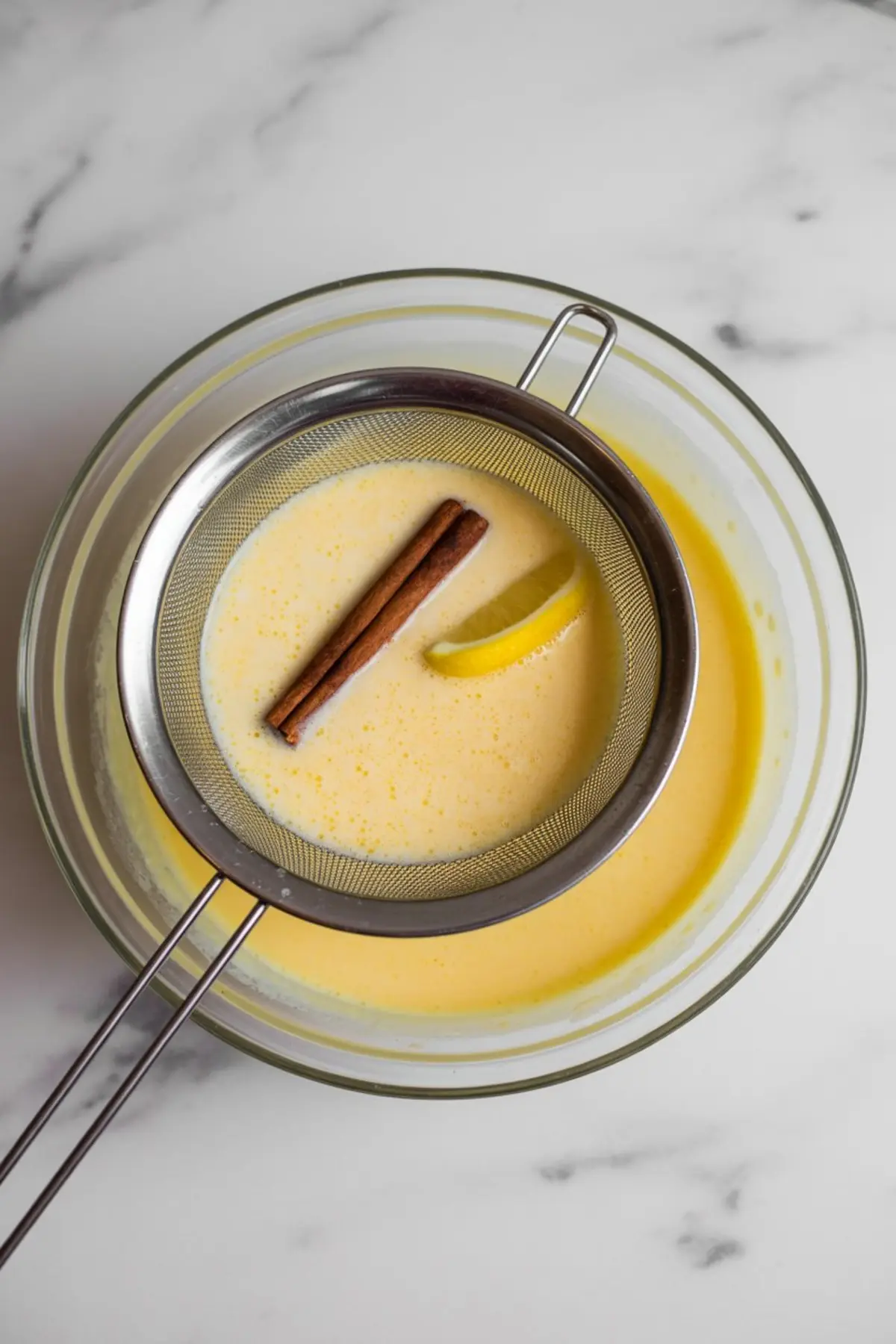Glass bowl of creamy yellow custard being strained through a fine mesh sieve with a cinnamon stick and lemon wedge on top, set on a white marble surface.