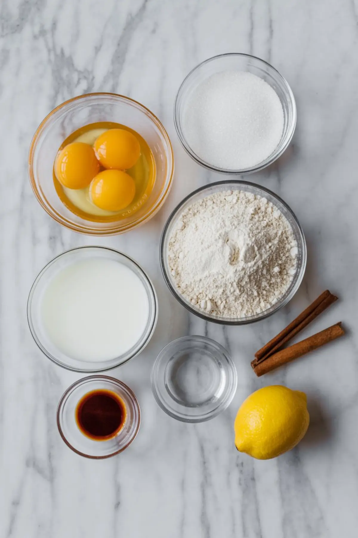 Flat lay of pastel de nata ingredients including eggs, flour, milk, sugar, vanilla extract, cinnamon sticks, lemon, and water in clear glass bowls on a marble background.
