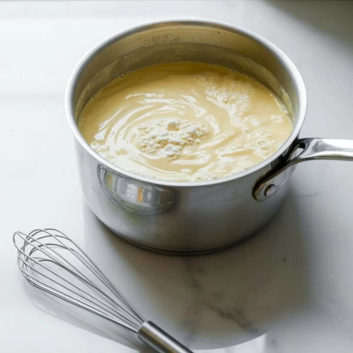 Smooth, thick pastel de nata custard mixture being whisked in a metal saucepan with a stainless steel whisk resting beside it on a white surface.