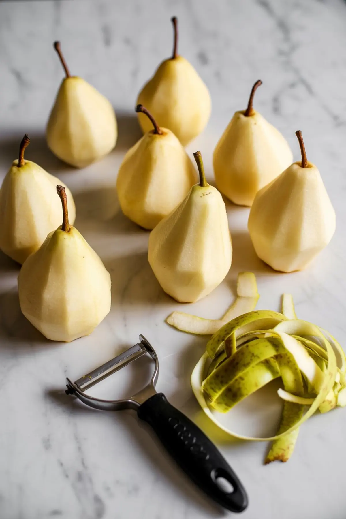 Peeled whole pears arranged on a marble surface with a vegetable peeler and green pear peels, ready for poaching preparation.
