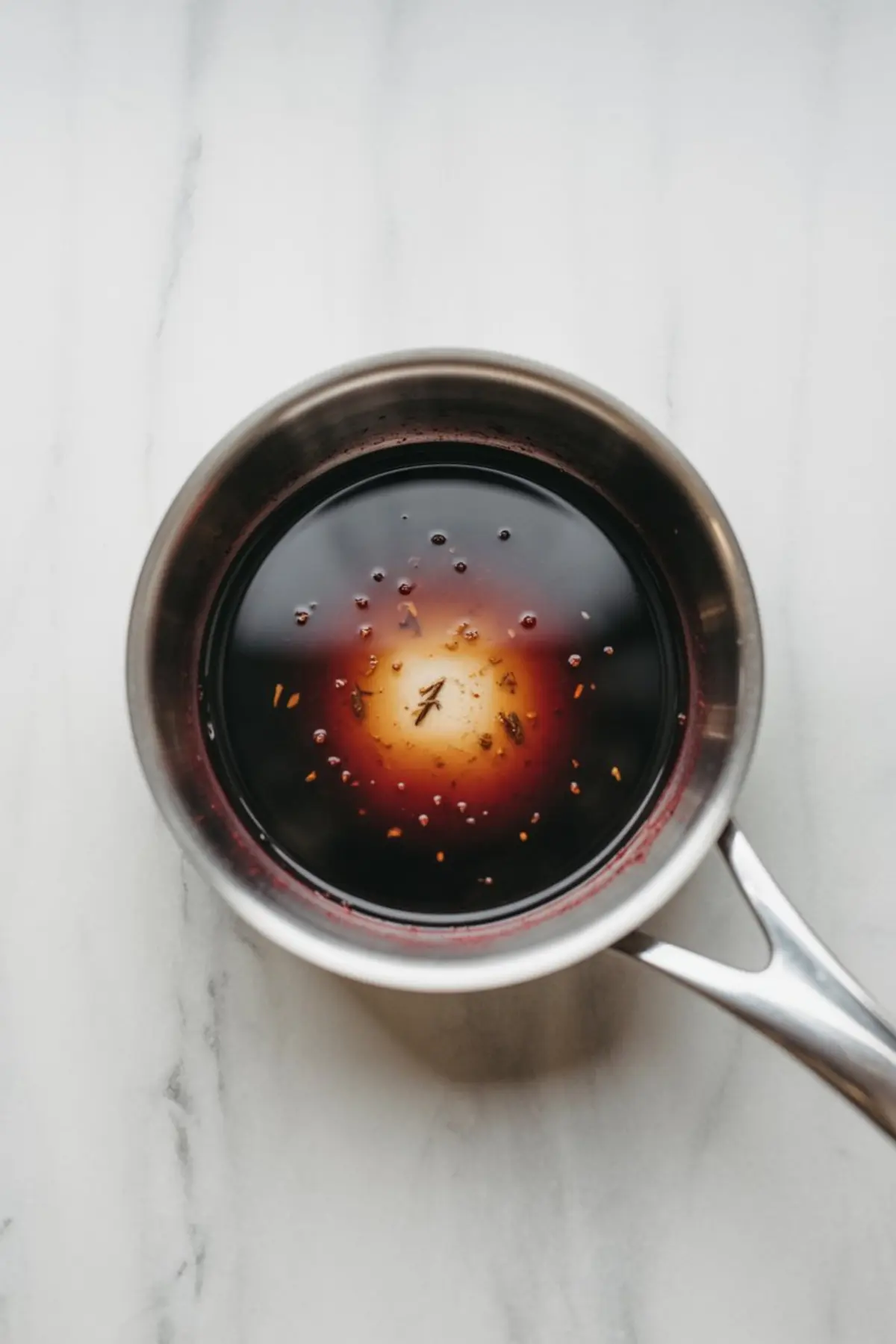 Red wine poaching liquid simmering in a stainless steel saucepan, infused with spices like cloves and star anise for making poached pears.
