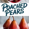 Collage of poached pears in deep red syrup served in bowls and on plates, garnished with star anise and cinnamon sticks, styled for a warm and elegant dessert display.