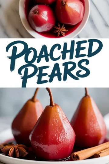 Collage of poached pears in deep red syrup served in bowls and on plates, garnished with star anise and cinnamon sticks, styled for a warm and elegant dessert display.