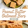 Green plate with evenly cut peanut butter oatmeal bars topped with peanut butter chips, with close-up of one bar showing oat and peanut layers.