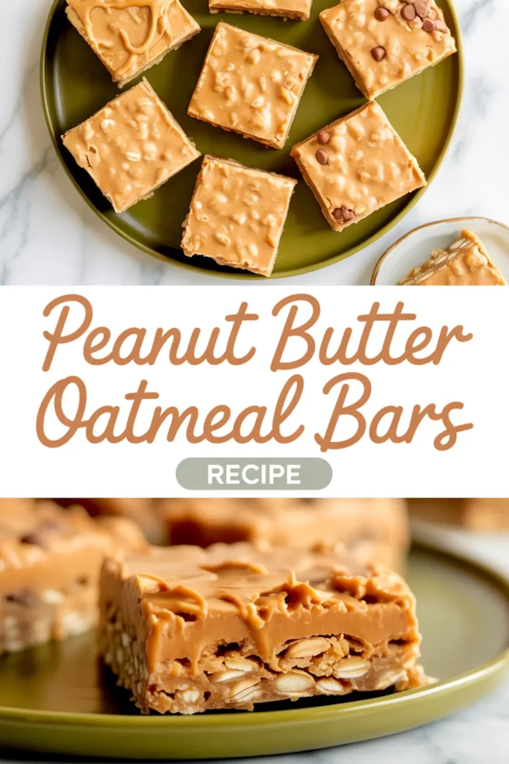 Green plate with evenly cut peanut butter oatmeal bars topped with peanut butter chips, with close-up of one bar showing oat and peanut layers.