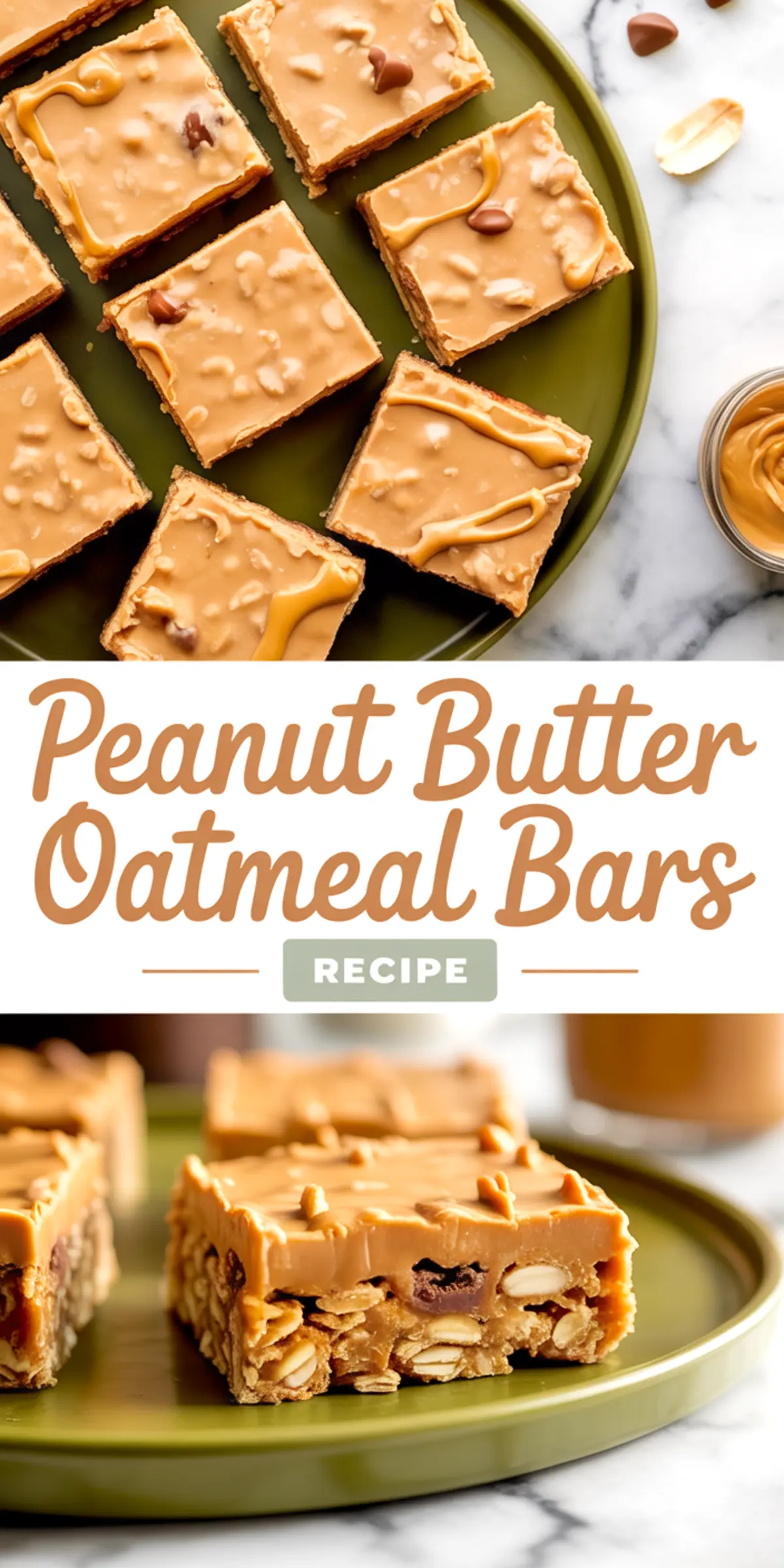 Green plate with square peanut butter oatmeal bars topped with chocolate and peanut butter chips, with close-up of bar revealing oat, peanut, and chip layers.