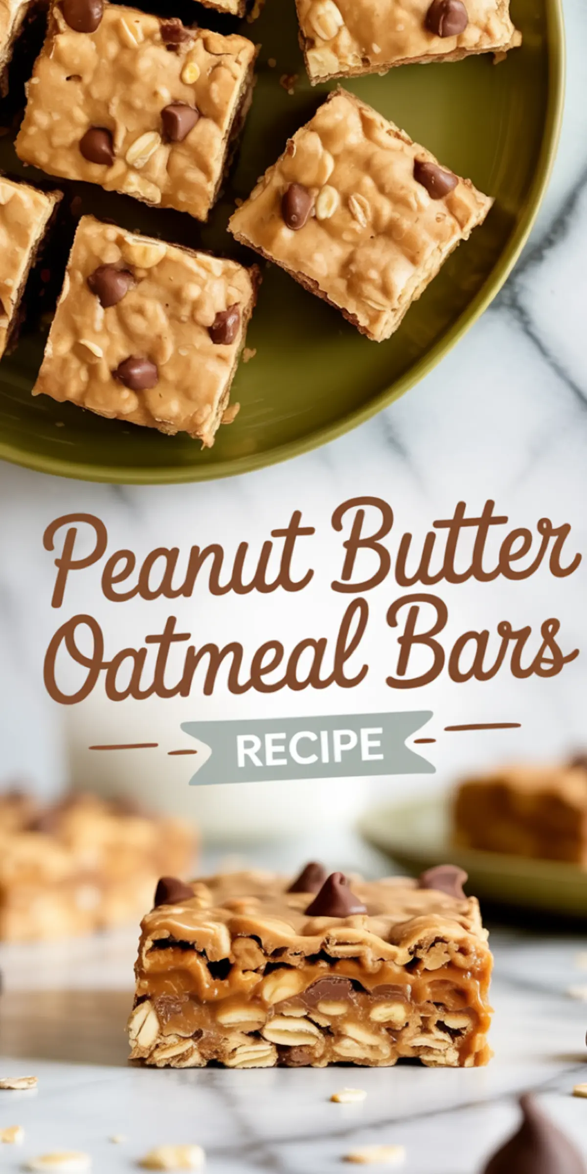 Overhead view of peanut butter oatmeal bars on a green plate, topped with chocolate chips, with close-up of one bar showing visible peanuts and oats in the caramel-like filling.