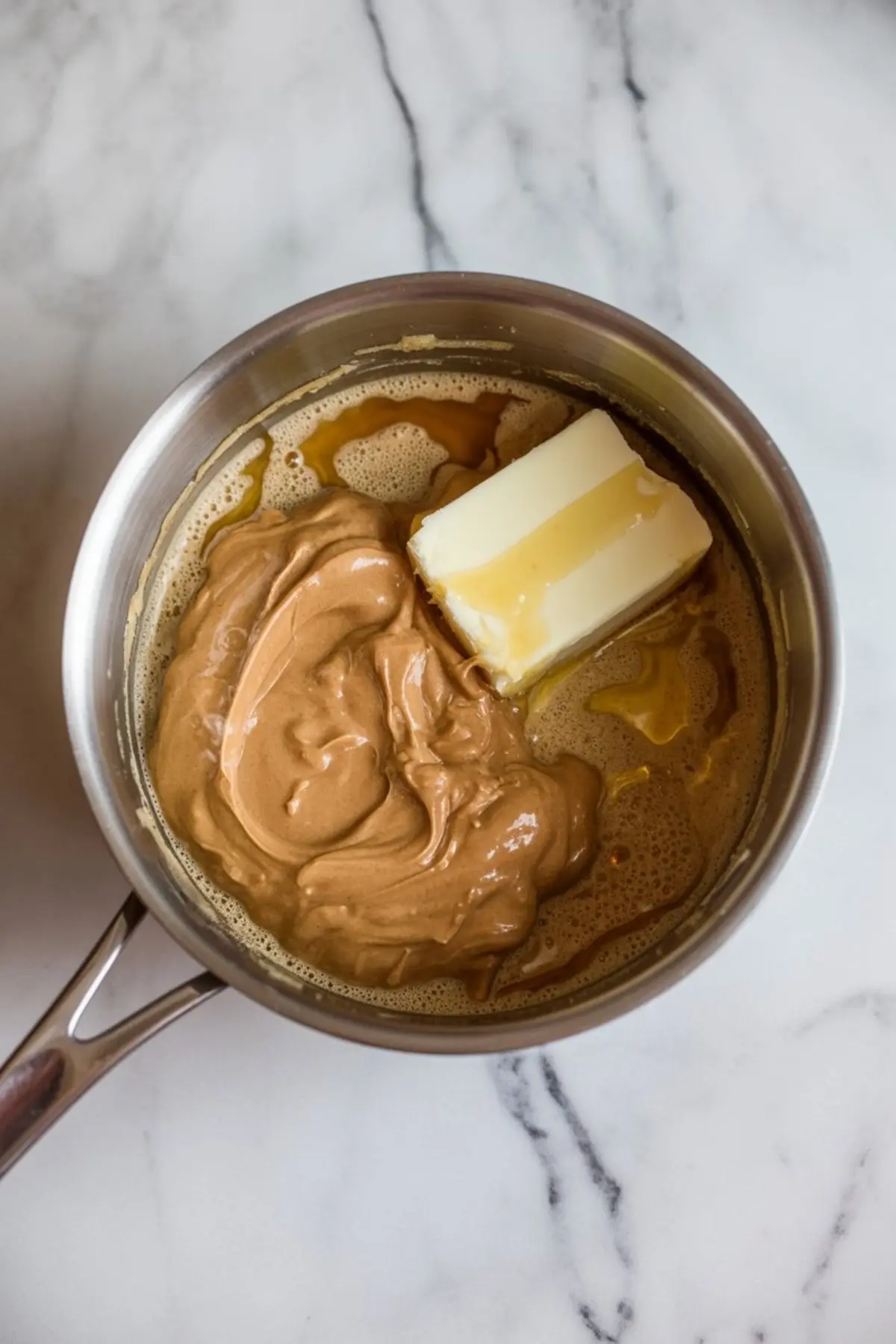 Saucepan on marble surface containing creamy peanut butter, a stick of butter, and honey, partially melted together.