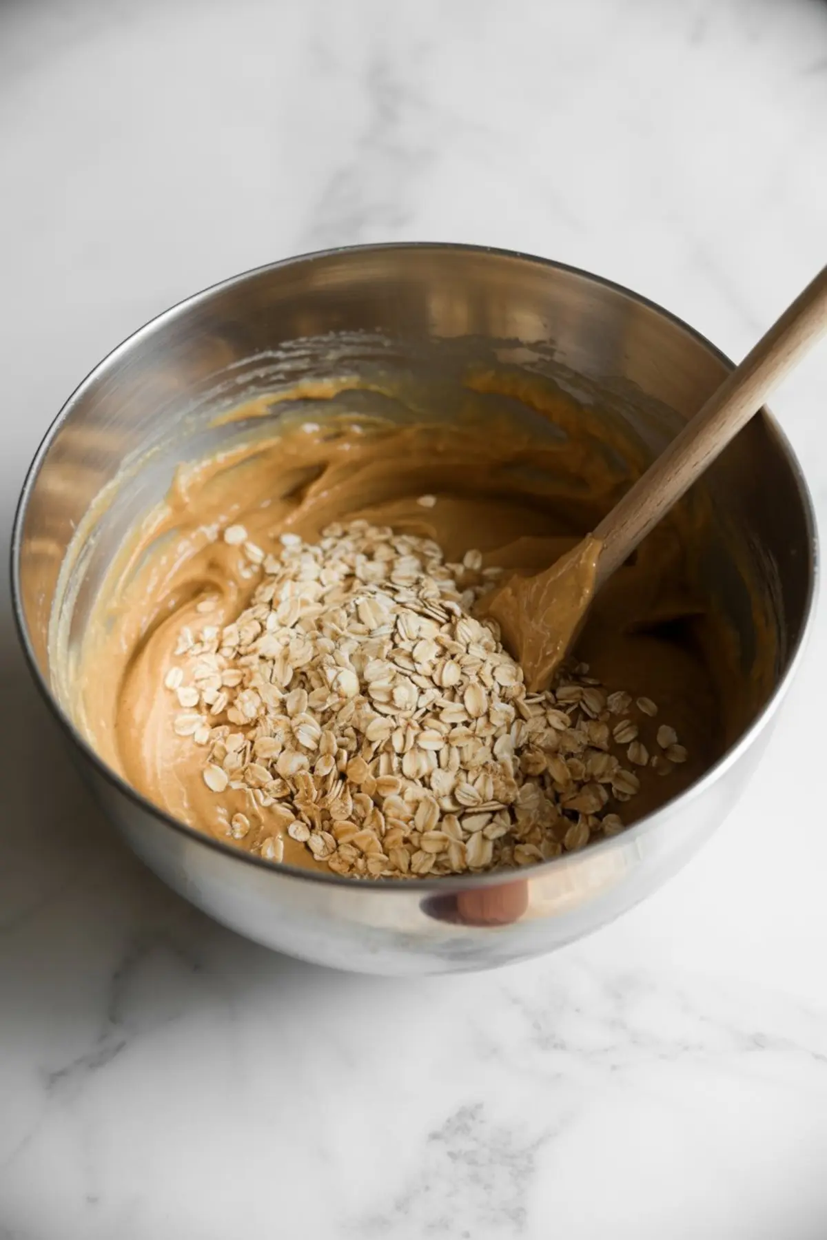 Stainless steel mixing bowl holding thick peanut butter mixture with rolled oats on top, and a wooden spatula resting inside.