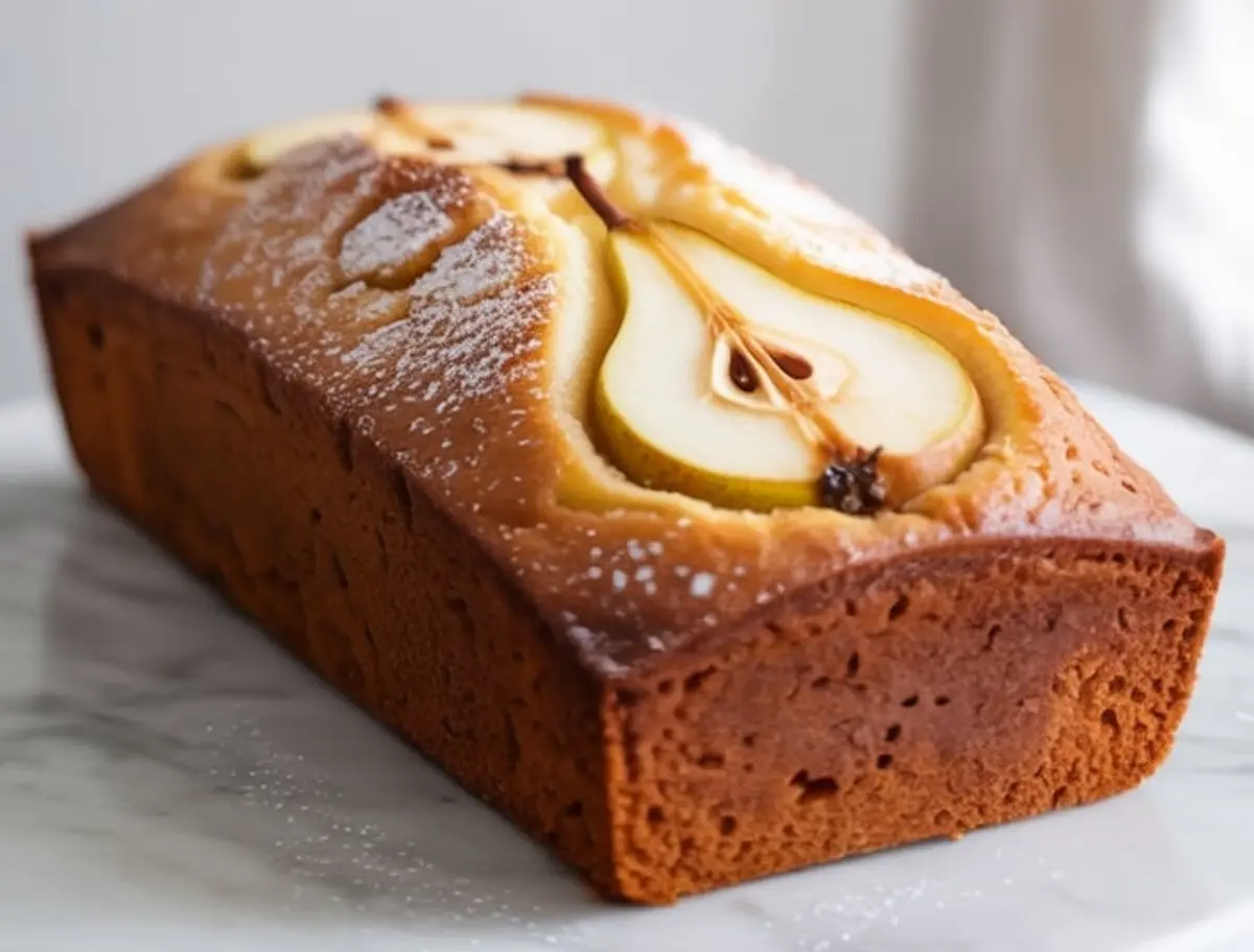 Angled side view of a golden pear bread loaf with halved pears baked into the surface, resting on a white marble plate with natural lighting.
