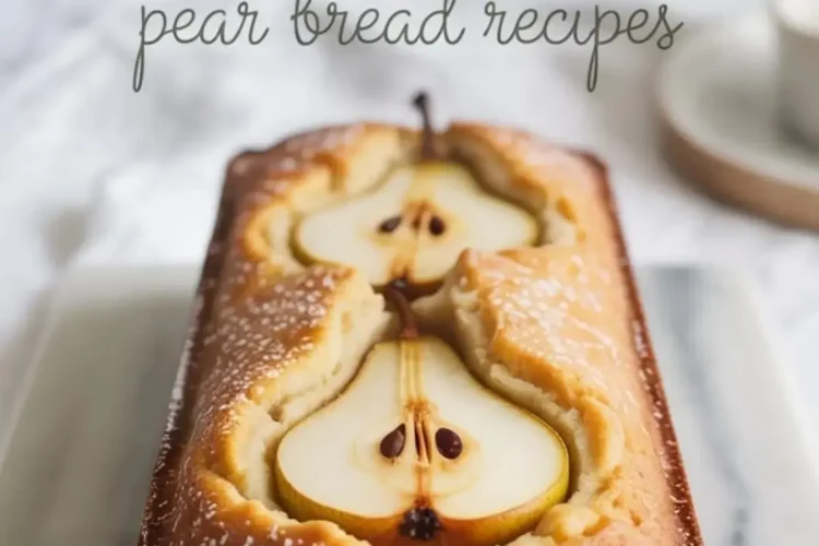 Golden pear cake loaf topped with halved pears, baked into a soft, moist crumb, displayed on a marble slab with bold “Pear Bread” and “pear bread recipes” text overlay.