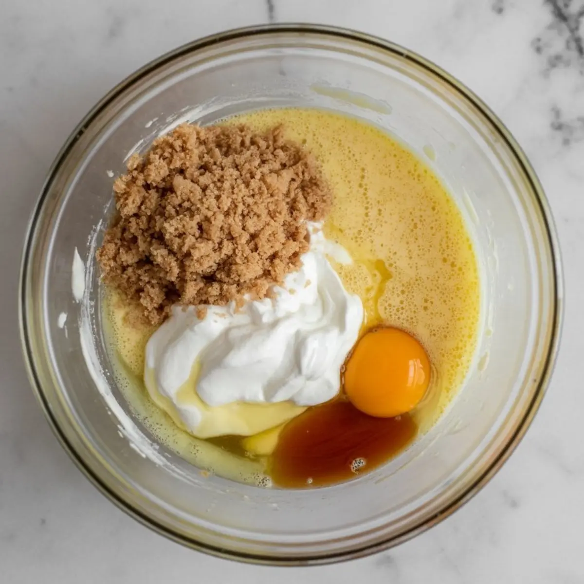 Close-up of a glass bowl with wet pear bread ingredients: egg, brown sugar, yogurt, vanilla extract, and oil, ready for mixing.
