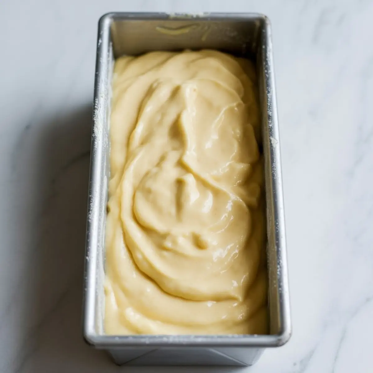 Loaf pan filled with smooth pear bread batter, prepared and ready for baking, placed on a white marble countertop.
