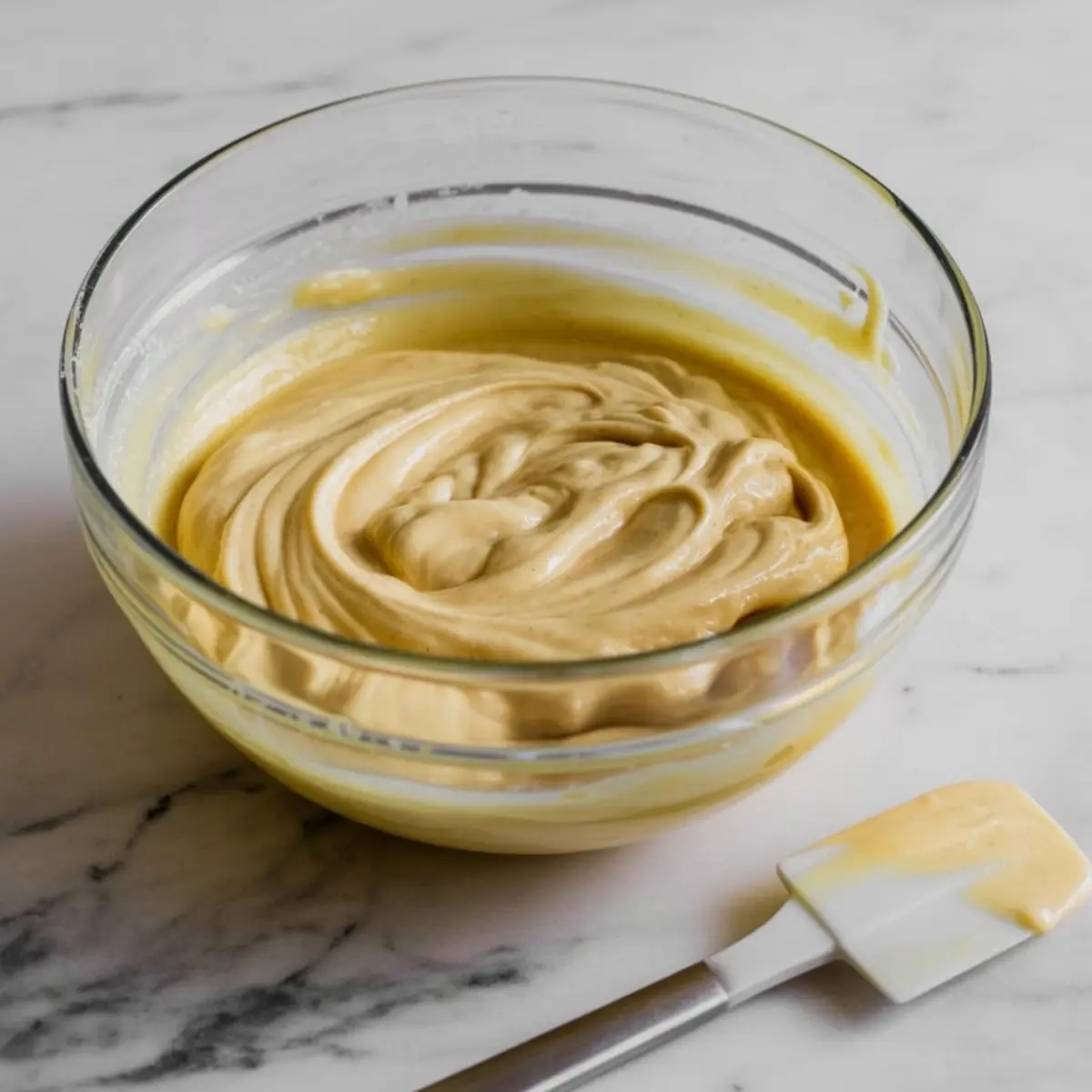 Glass mixing bowl filled with thick, swirled pear bread batter, placed next to a spatula on a marble countertop.