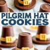 Chocolate pilgrim hat cookies assembled with fudge-striped cookies, upside-down peanut butter cups, and yellow fondant buckles for a festive Thanksgiving dessert.