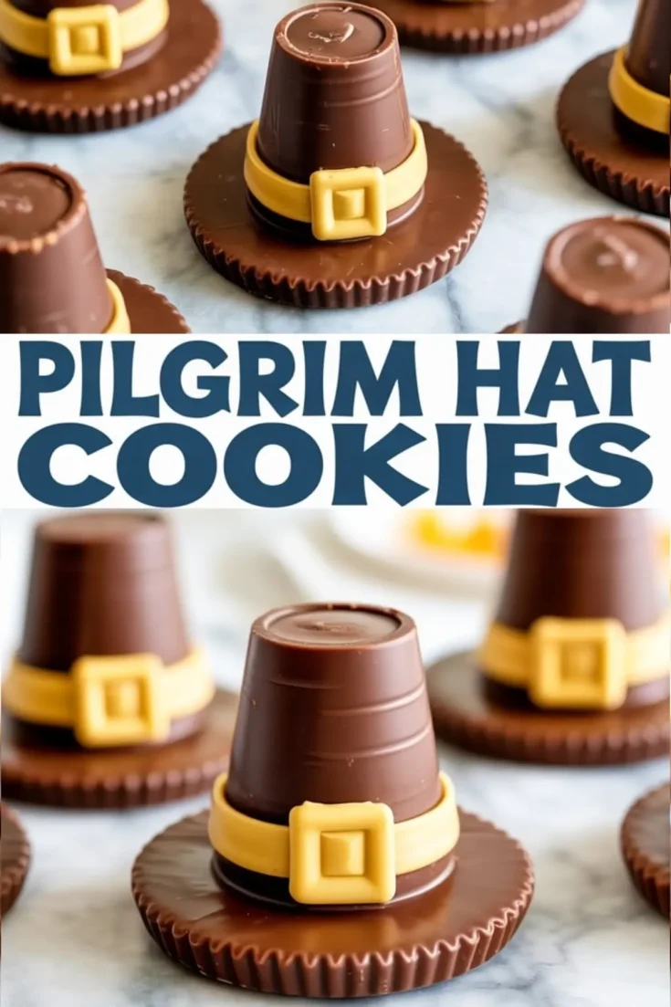 Chocolate pilgrim hat cookies assembled with fudge-striped cookies, upside-down peanut butter cups, and yellow fondant buckles for a festive Thanksgiving dessert.